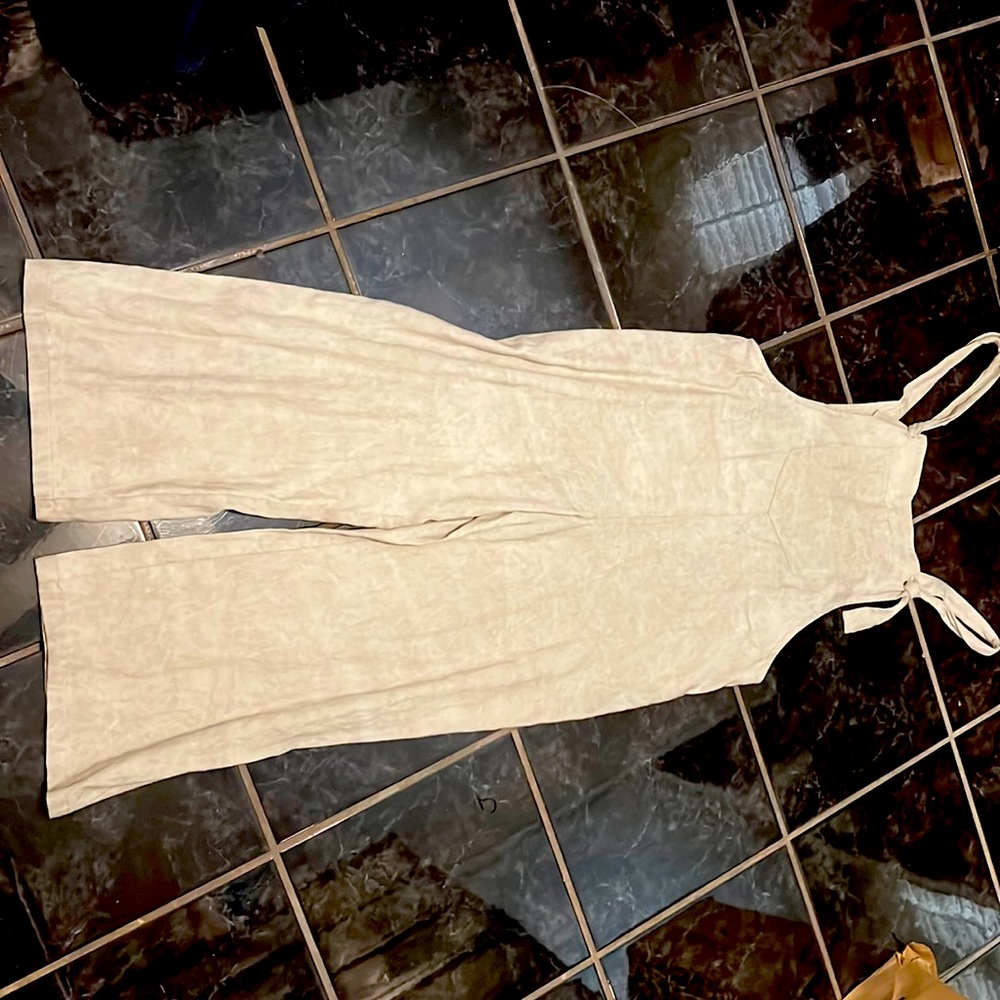 Tan linen overalls